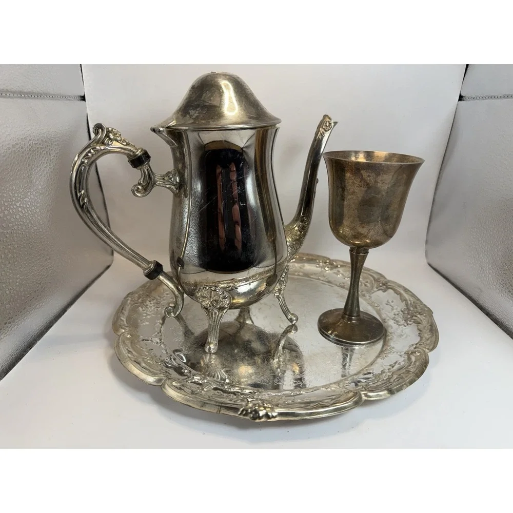 Vintage Salem Silver Plate Coffee Set Tray Teapot‎ Goblet Hong Kong